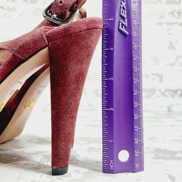 Prada Burgundy Red Suede Buckle Slingback High Heeled Sandals O97 - Picture 11 of 12